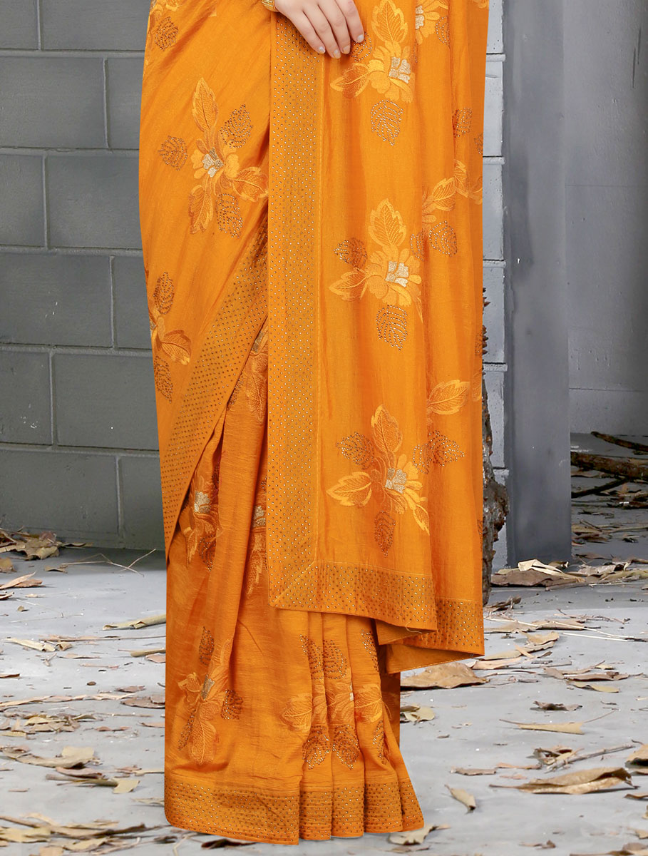 Mustard Yellow Vichitra Silk Embroidered Party Saree