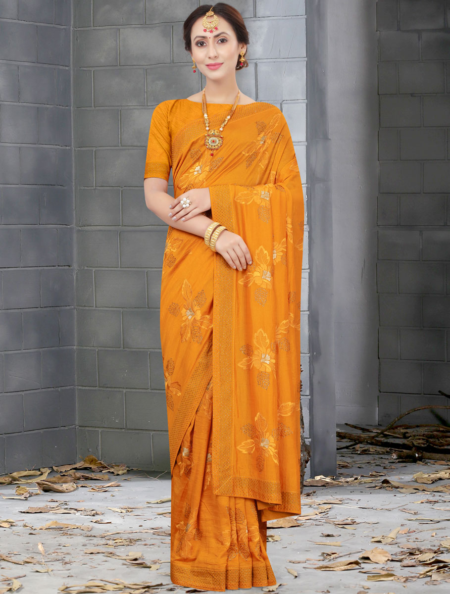 Mustard Yellow Vichitra Silk Embroidered Party Saree
