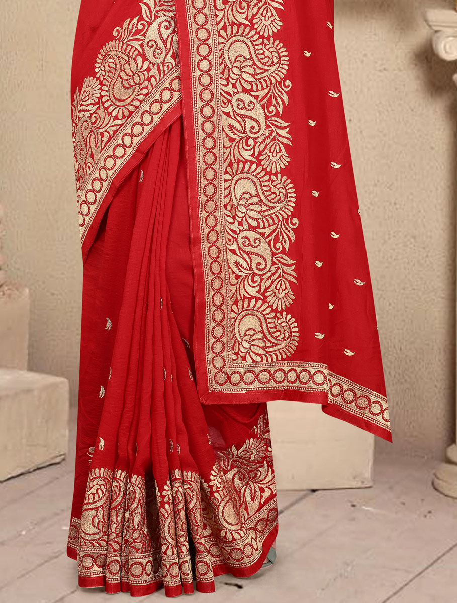 Rose Madder Red Vichitra Silk Embroidered Party Saree
