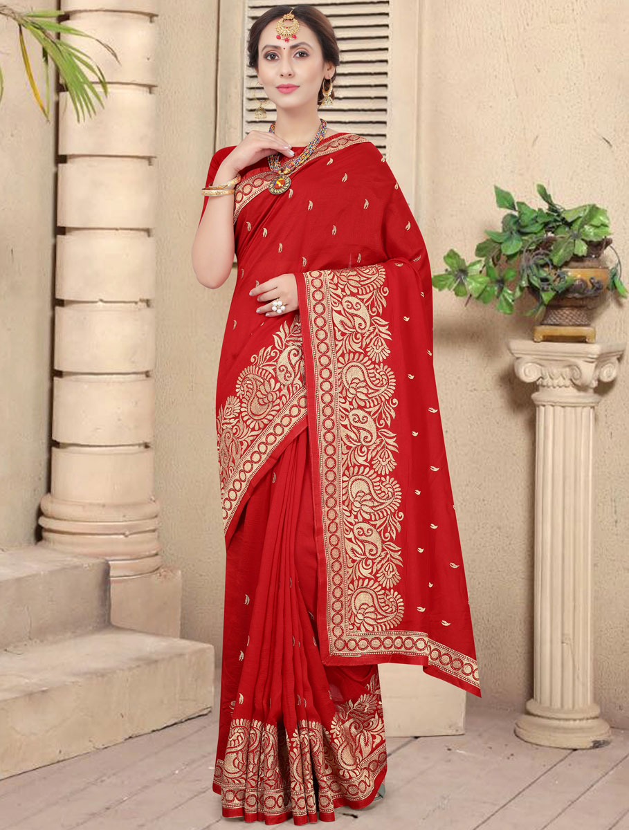 Rose Madder Red Vichitra Silk Embroidered Party Saree