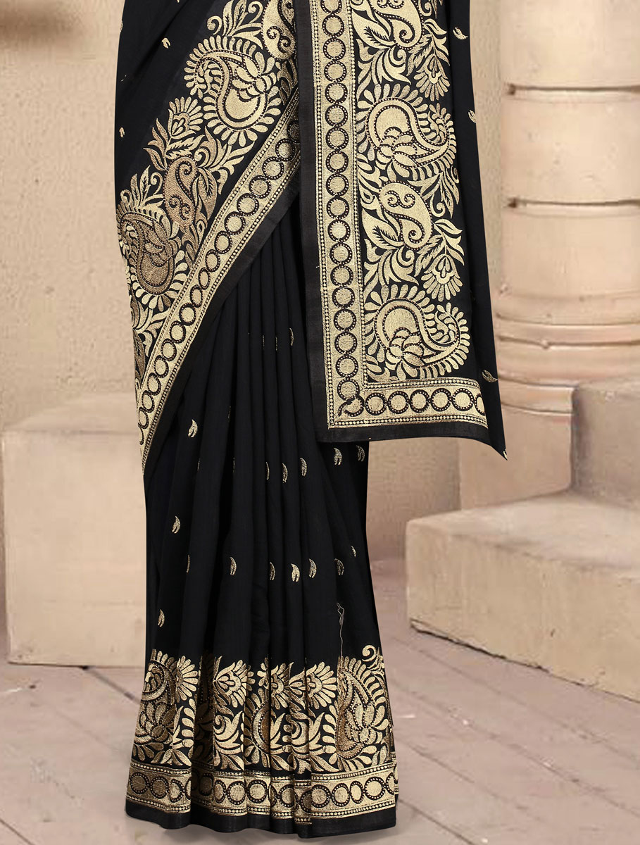 Black Vichitra Silk Embroidered Party Saree