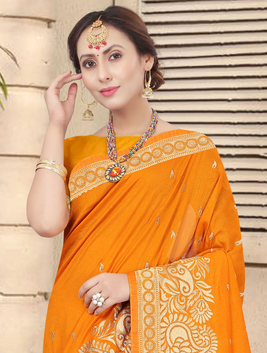 Mustard Yellow Vichitra Silk Embroidered Party Saree