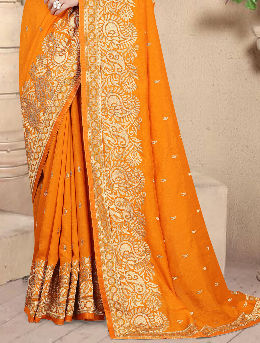Mustard Yellow Vichitra Silk Embroidered Party Saree