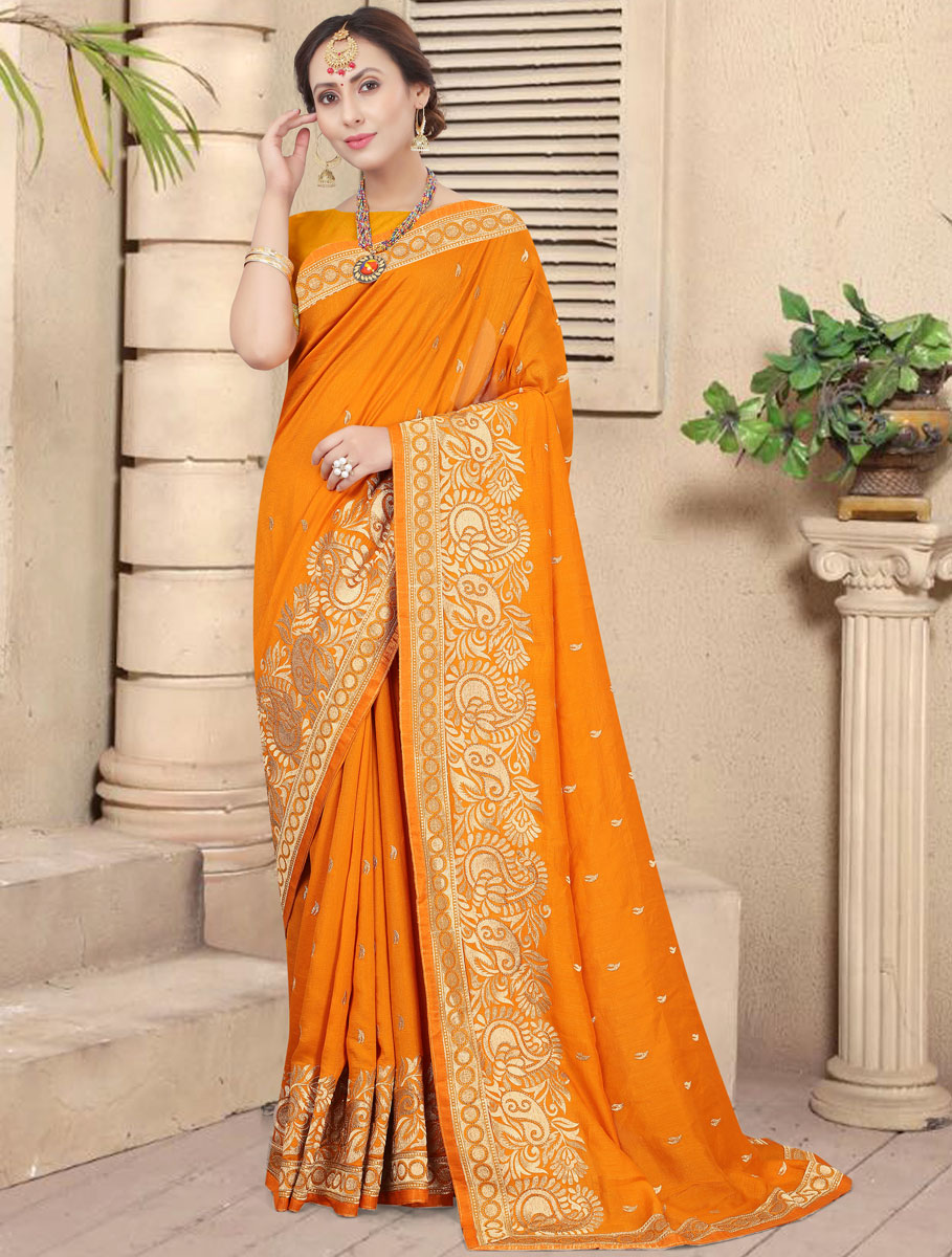 Mustard Yellow Vichitra Silk Embroidered Party Saree
