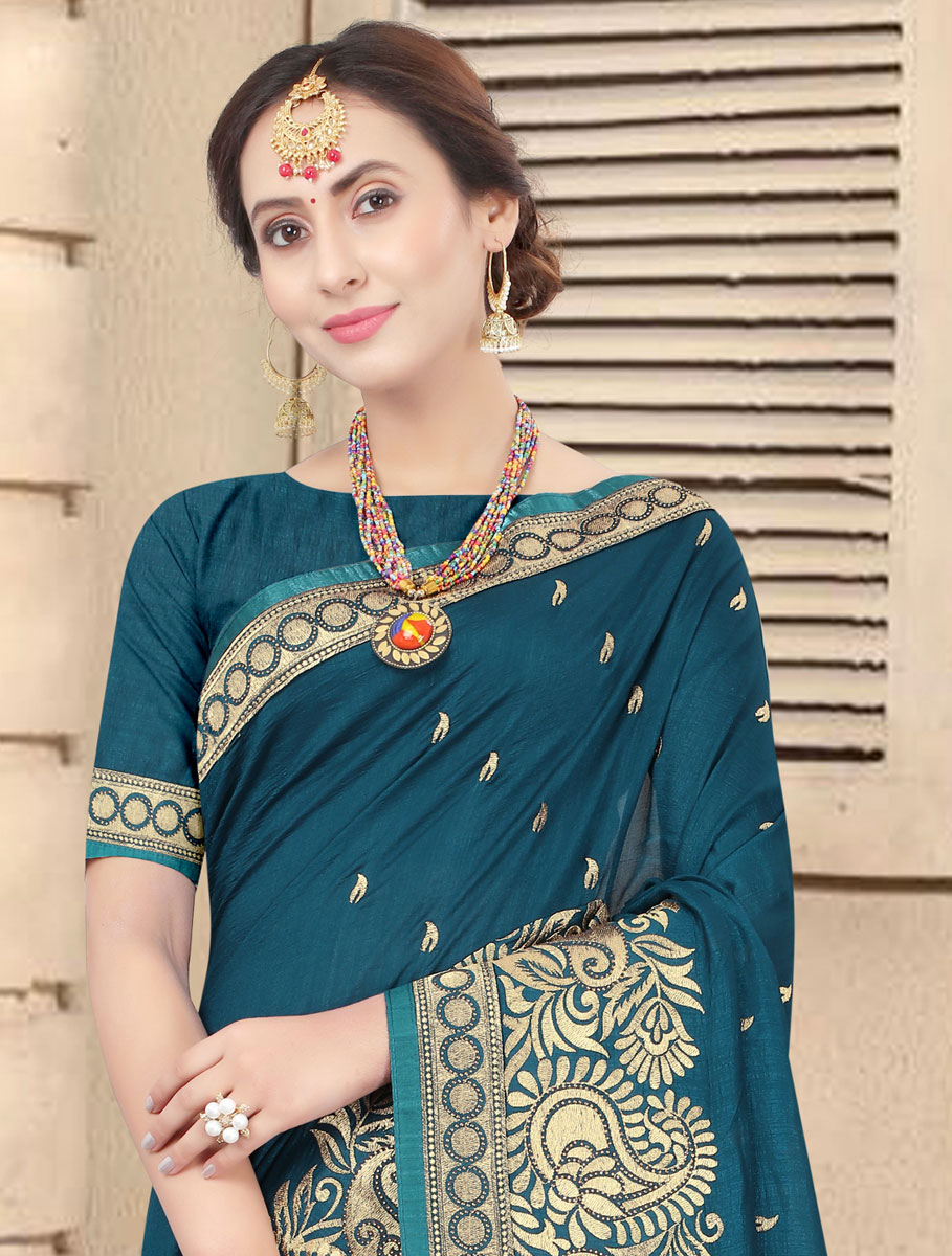 Teal Green Vichitra Silk Embroidered Party Saree