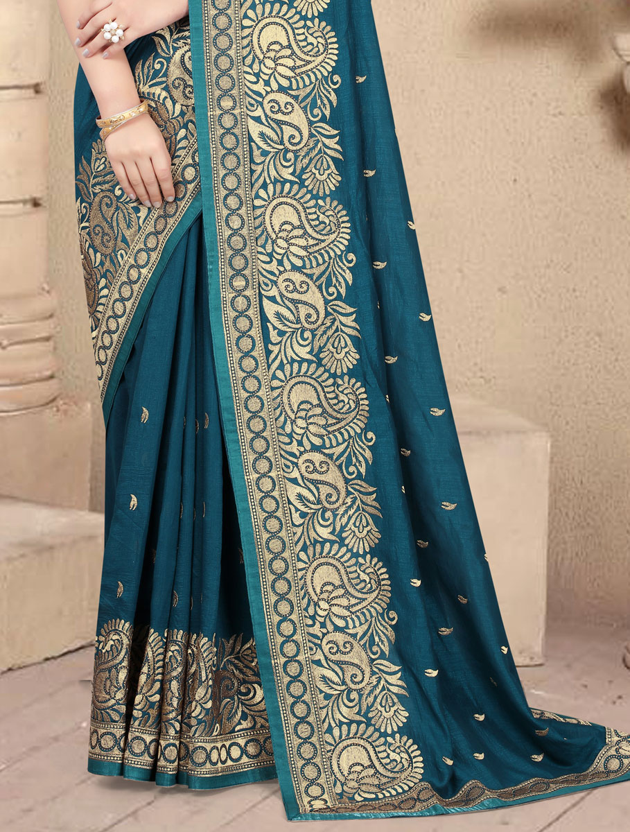 Teal Green Vichitra Silk Embroidered Party Saree