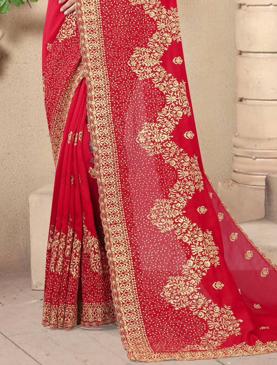 Rose Madder Red Vichitra Silk Embroidered Festival Saree