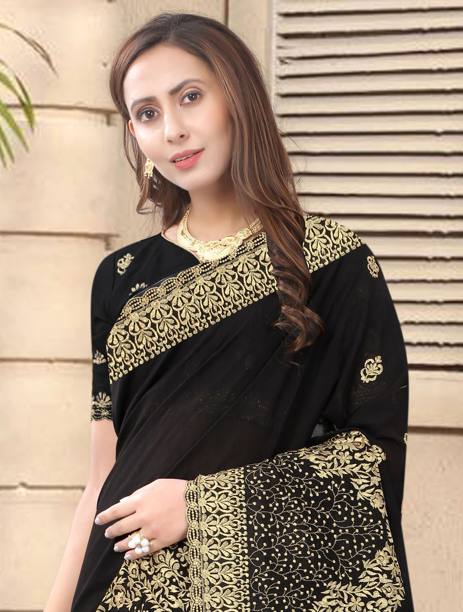 Black Vichitra Silk Embroidered Festival Saree