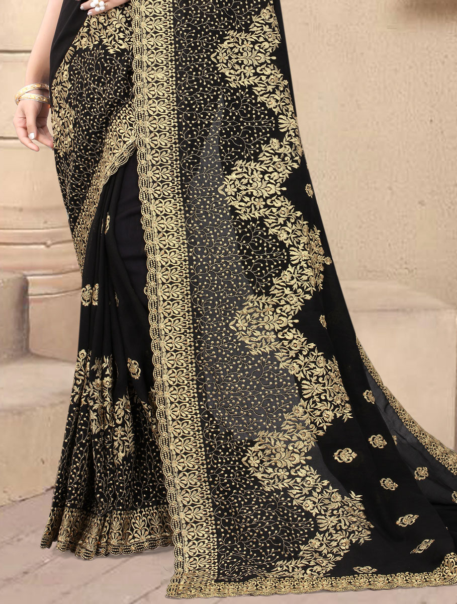 Black Vichitra Silk Embroidered Festival Saree