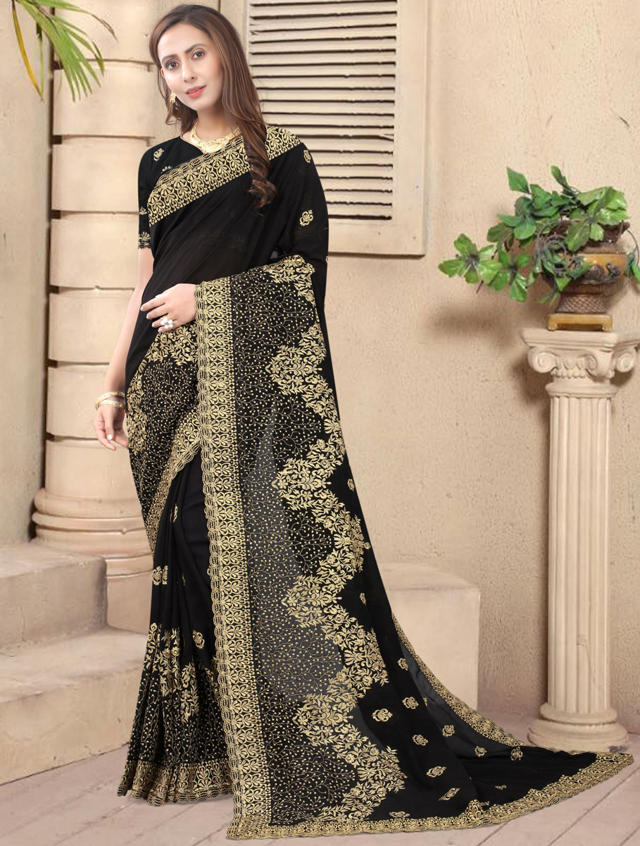 Black Vichitra Silk Embroidered Festival Saree