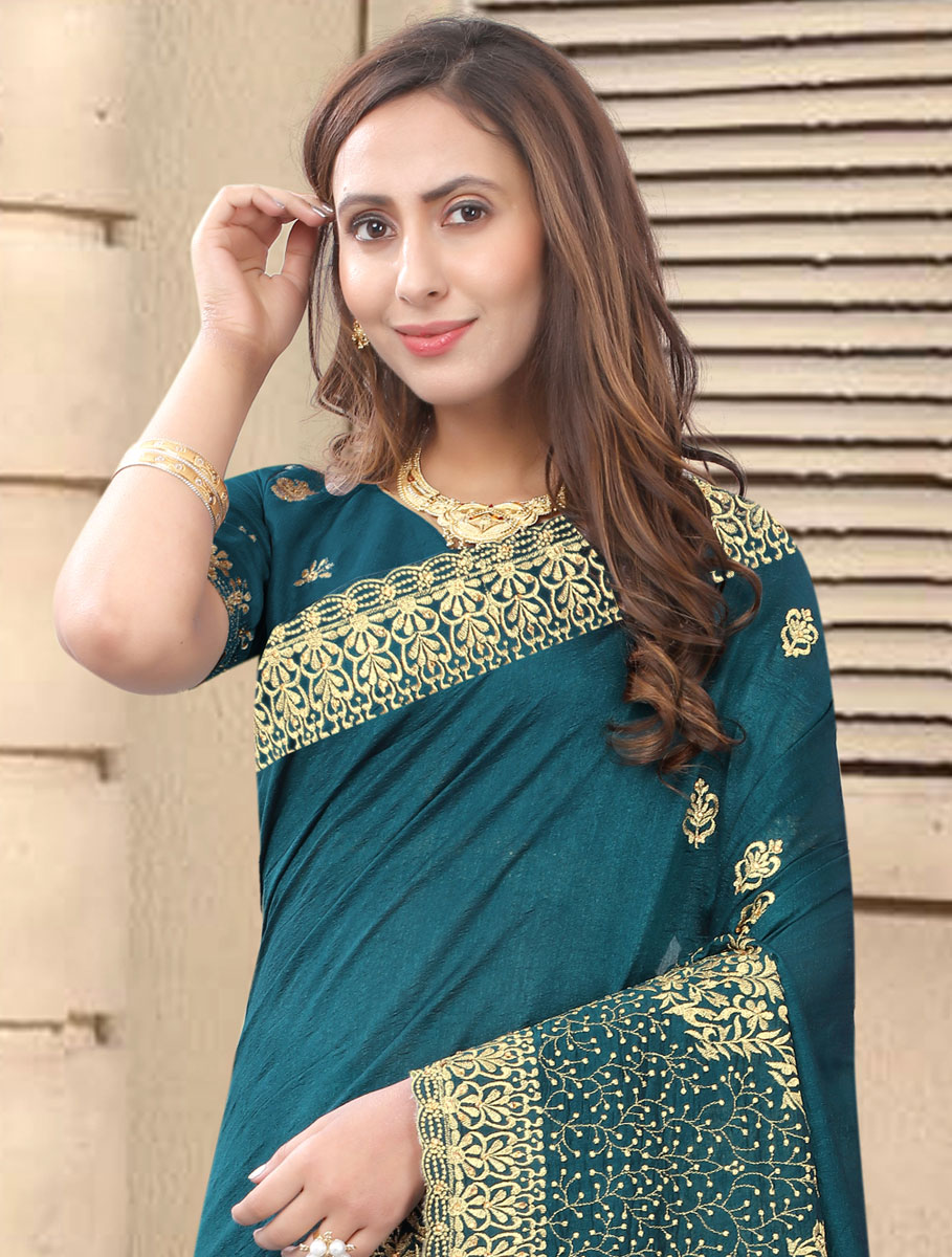 Teal Green Vichitra Silk Embroidered Festival Saree