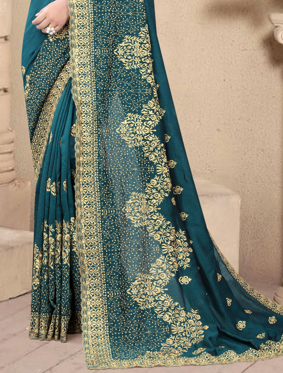 Teal Green Vichitra Silk Embroidered Festival Saree