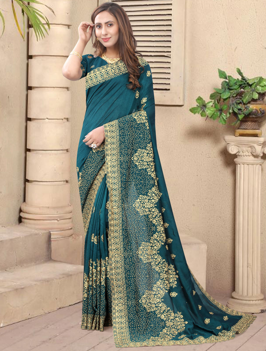 Teal Green Vichitra Silk Embroidered Festival Saree