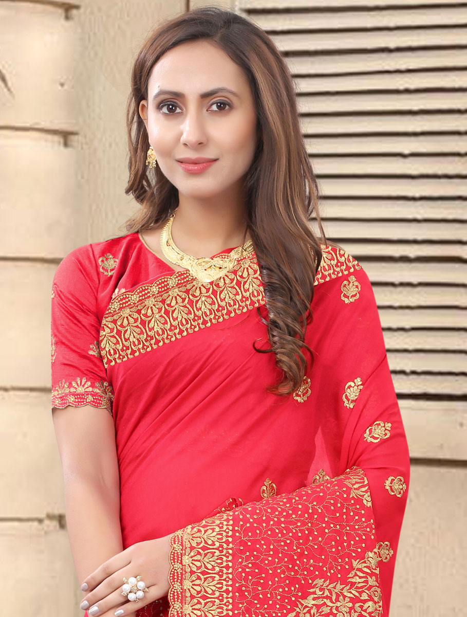 Carmine Pink Vichitra Silk Embroidered Festival Saree