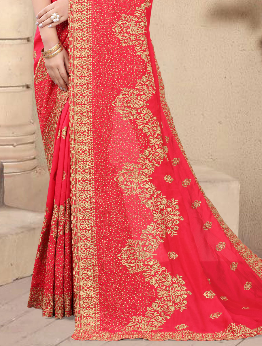 Carmine Pink Vichitra Silk Embroidered Festival Saree