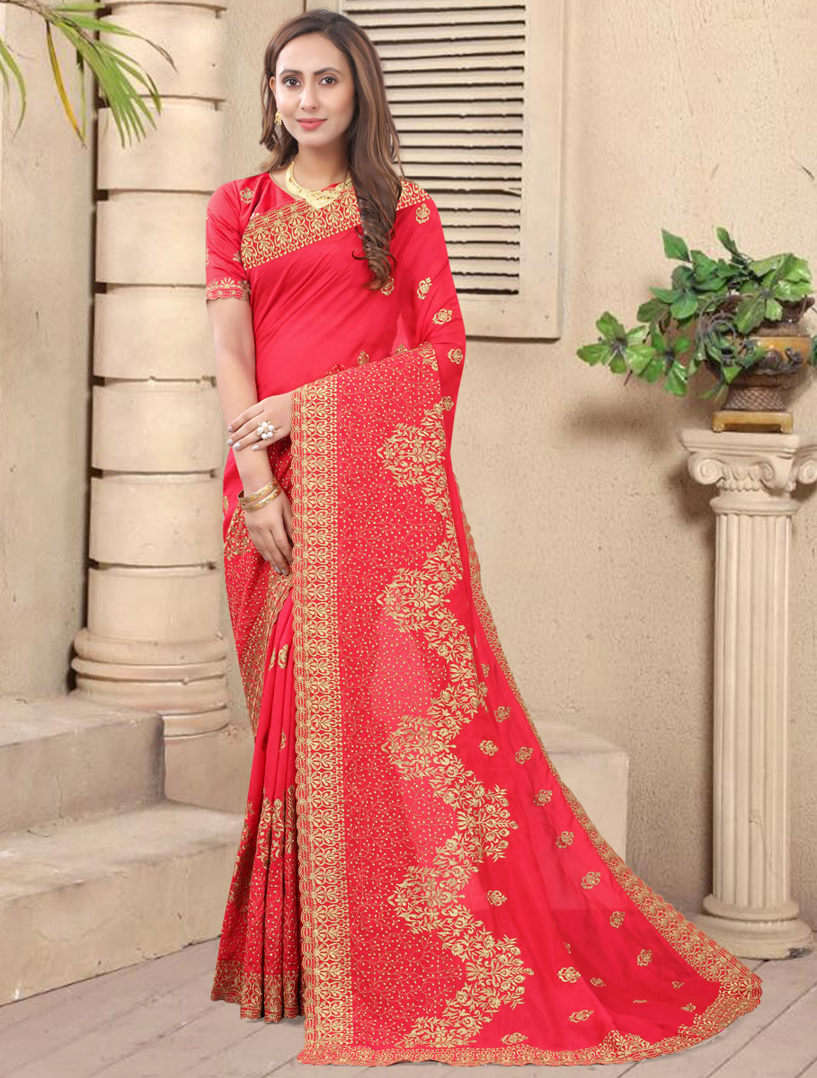 Carmine Pink Vichitra Silk Embroidered Festival Saree