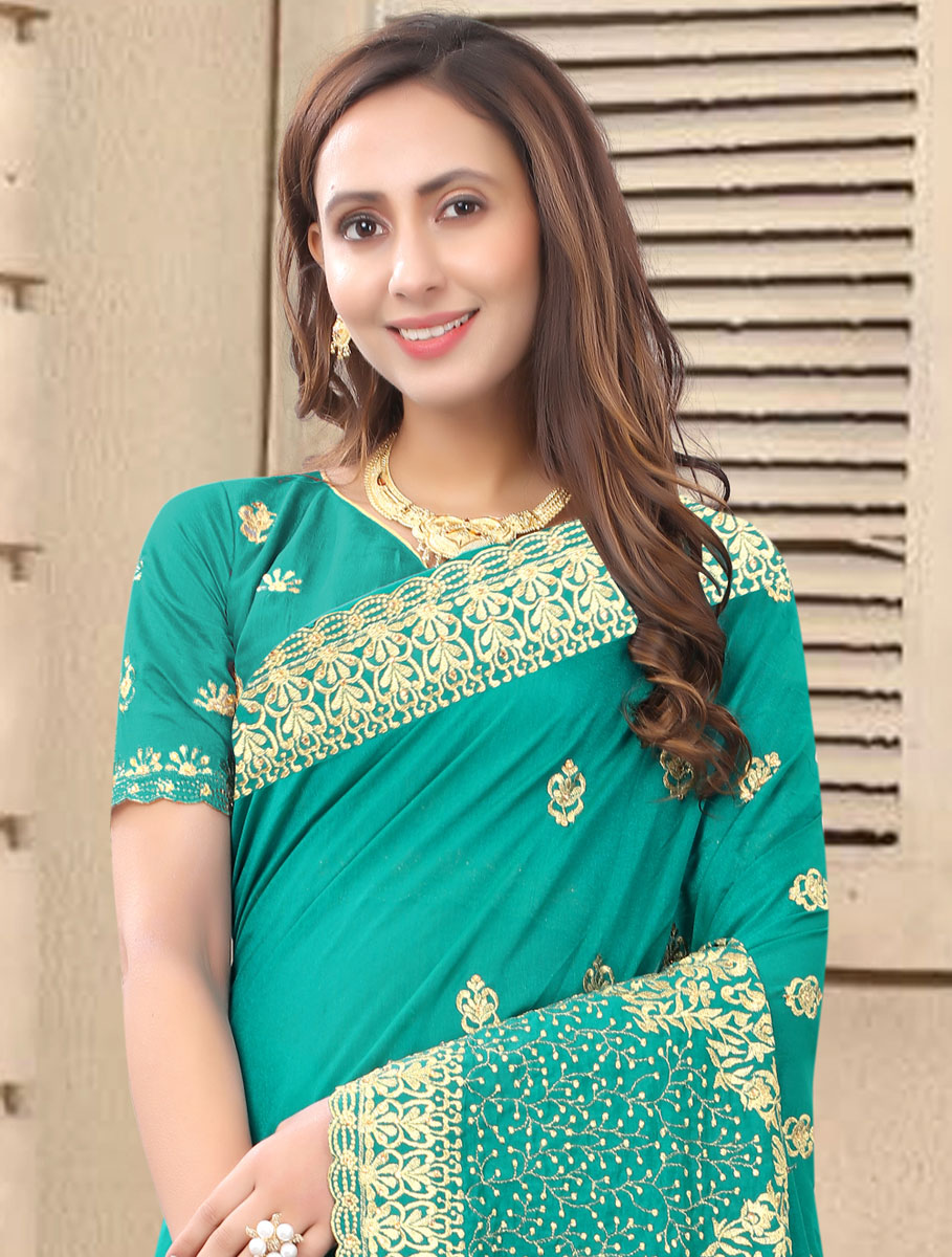 Jungle Green Vichitra Silk Embroidered Festival Saree