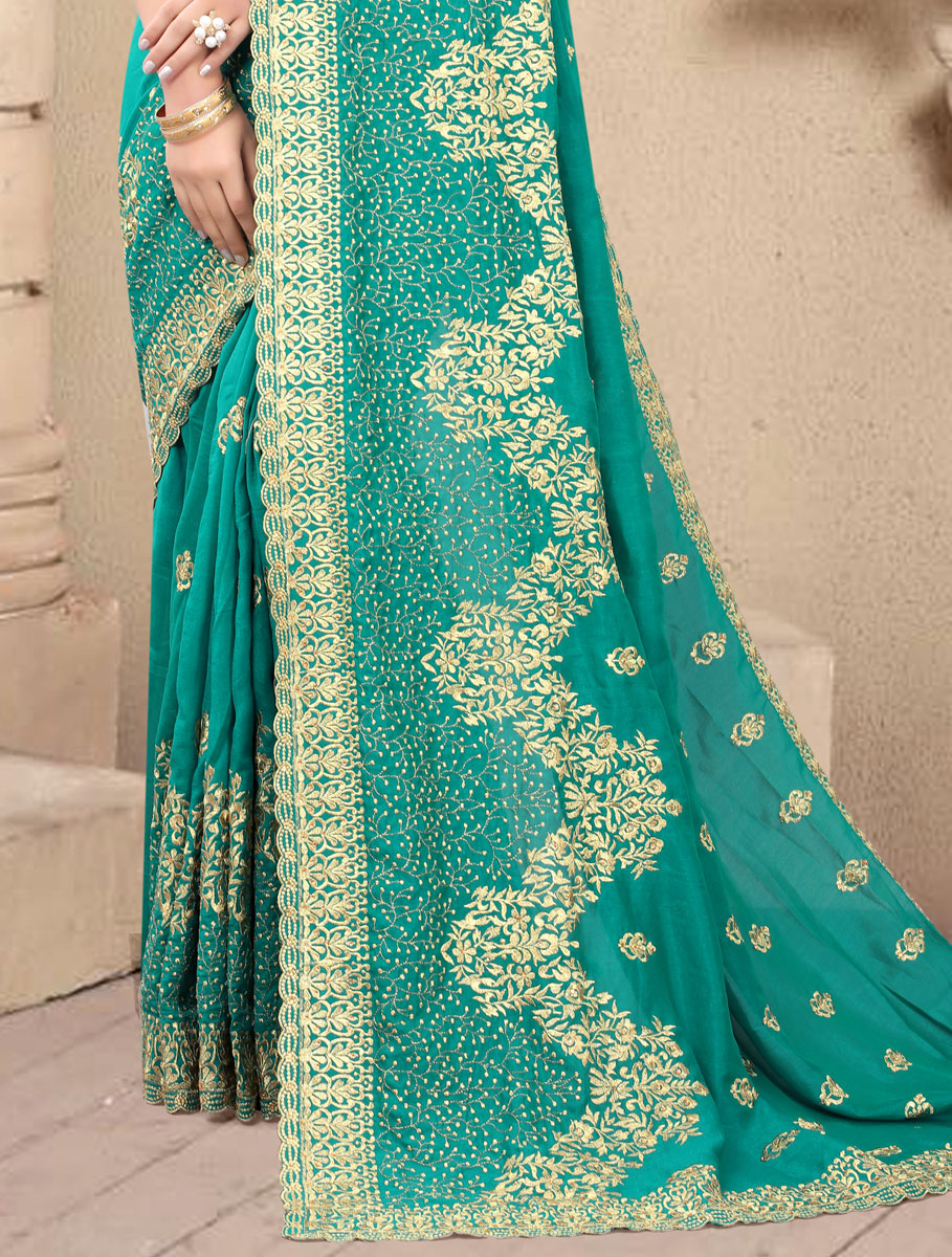 Jungle Green Vichitra Silk Embroidered Festival Saree