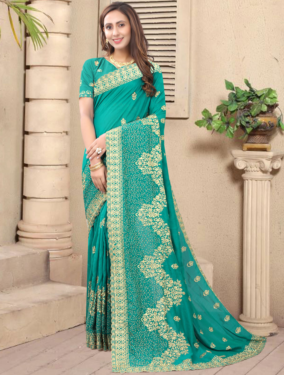 Jungle Green Vichitra Silk Embroidered Festival Saree
