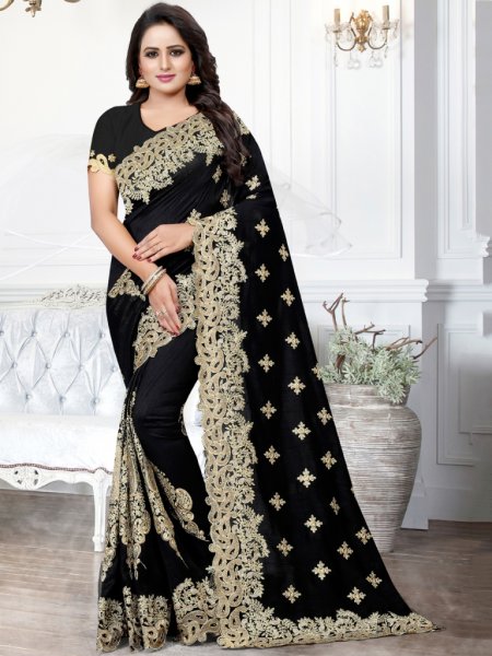 Black Silk Embroidered Party Saree