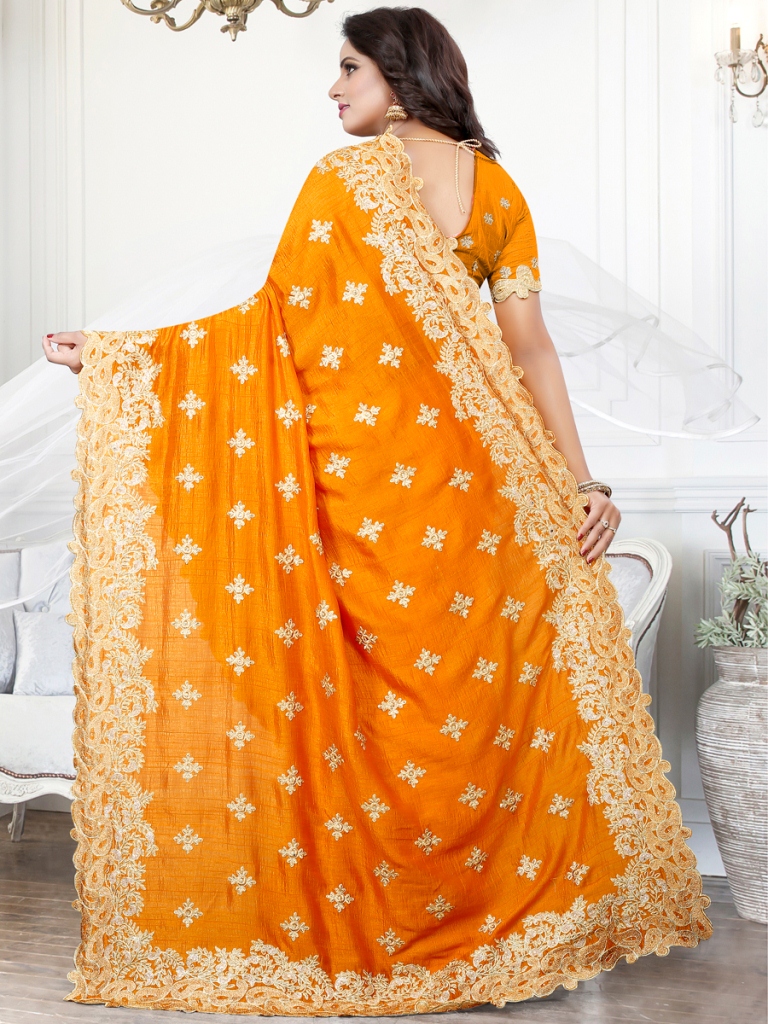 Gamboge Yellow Silk Embroidered Party Saree