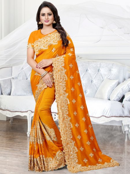 Gamboge Yellow Silk Embroidered Party Saree