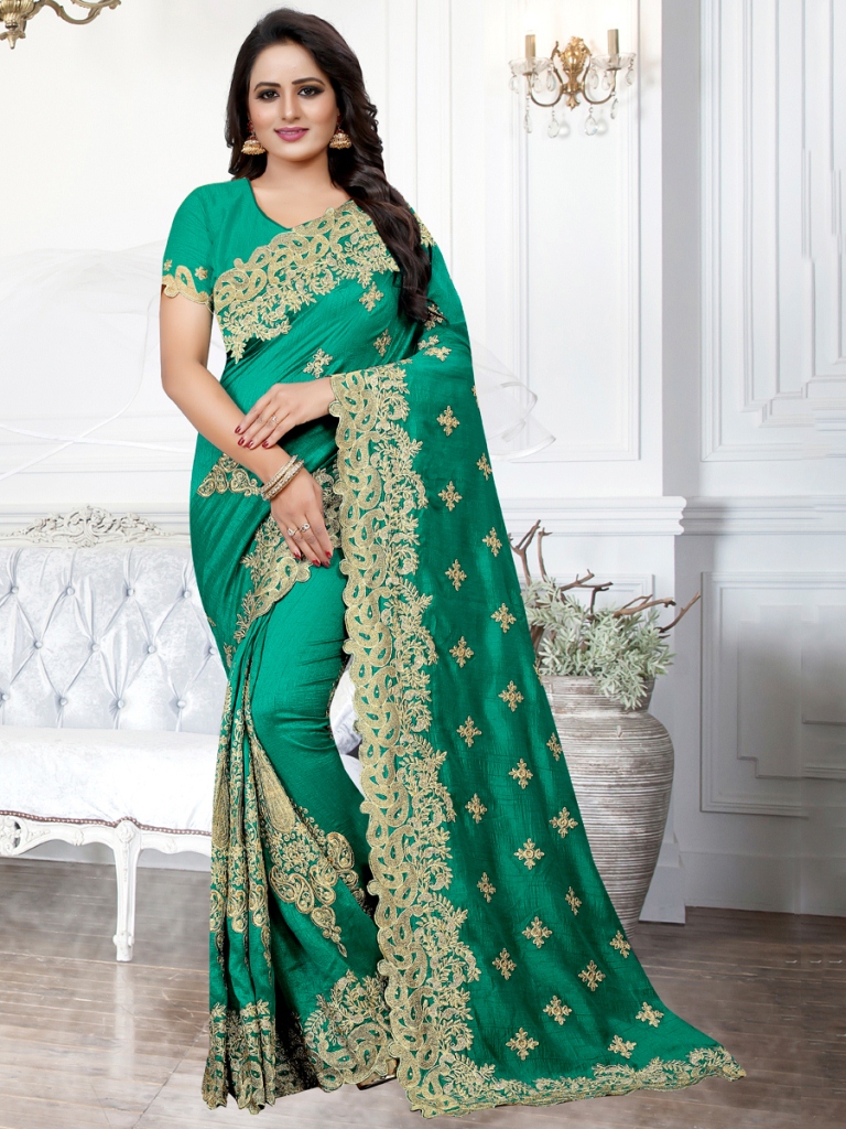 Sea Green Silk Embroidered Party Saree