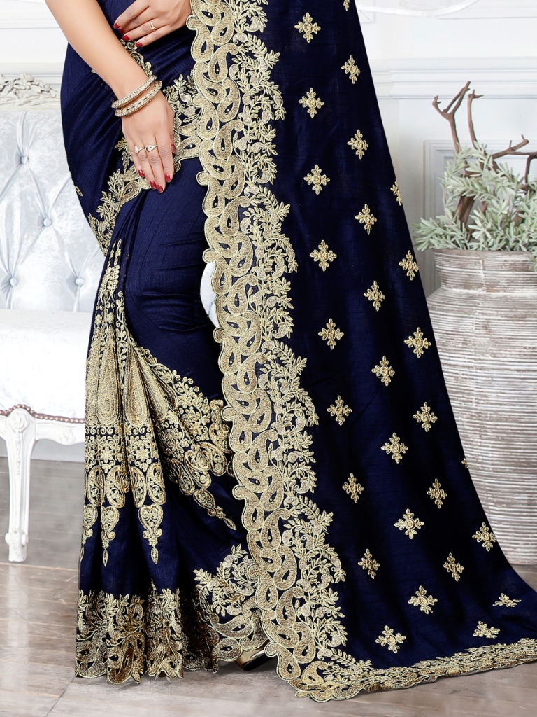 Sapphire Blue Silk Embroidered Party Saree