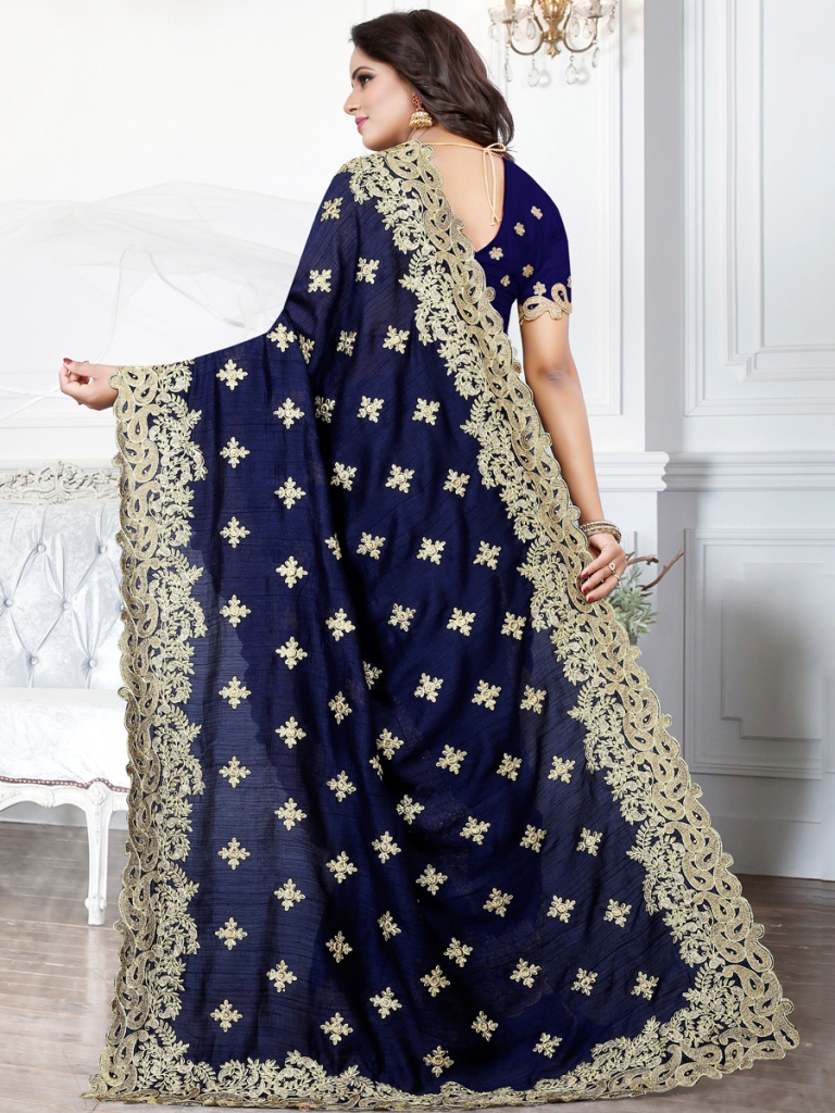 Sapphire Blue Silk Embroidered Party Saree