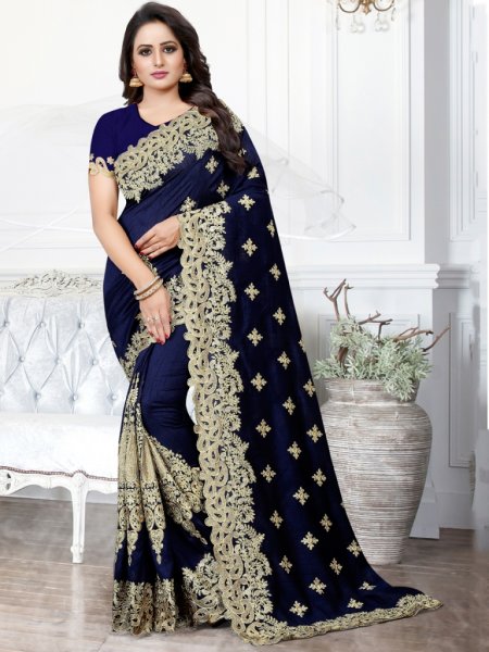 Sapphire Blue Silk Embroidered Party Saree