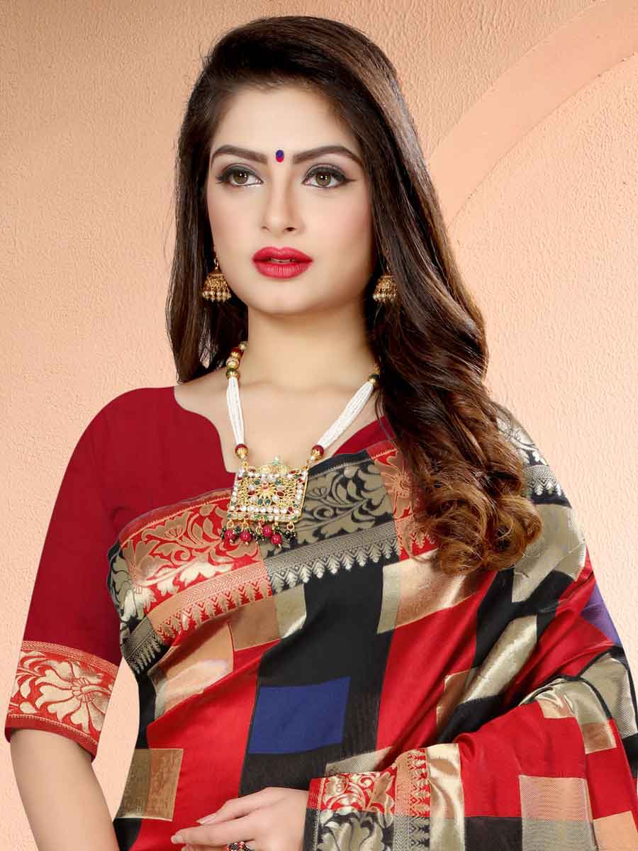Venetian Red Banarasi Art Silk Handwoven Festival Saree