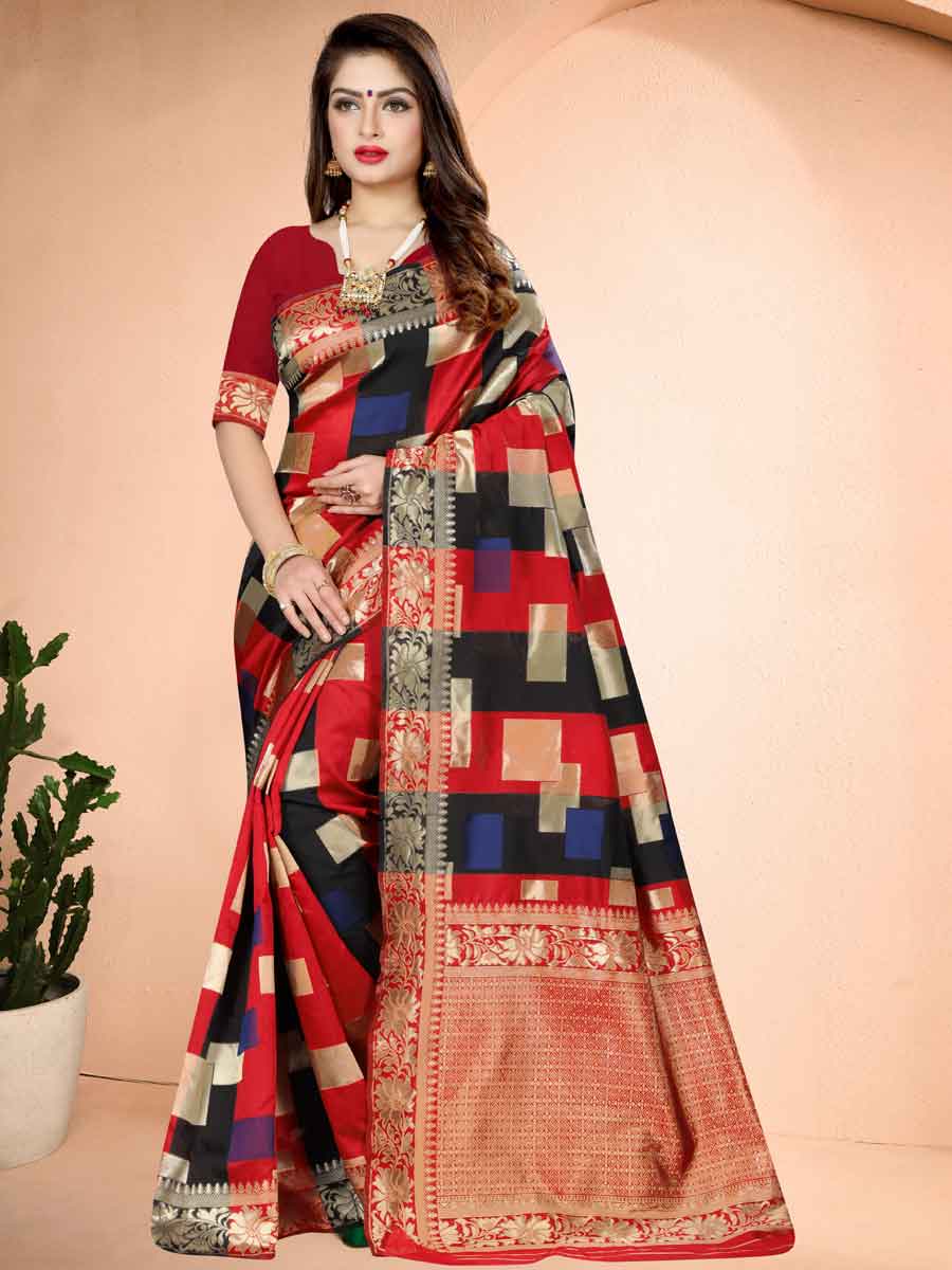 Venetian Red Banarasi Art Silk Handwoven Festival Saree