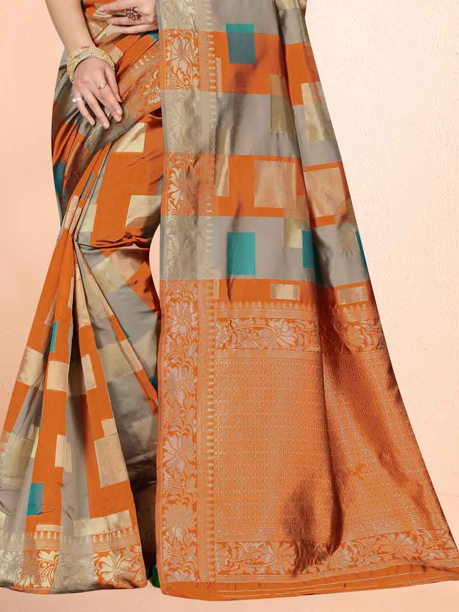 Pumpkin Orange Banarasi Art Silk Handwoven Festival Saree