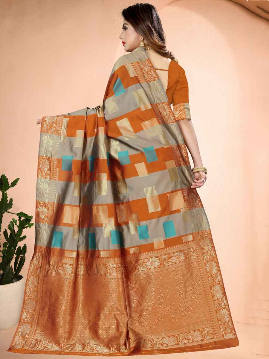 Pumpkin Orange Banarasi Art Silk Handwoven Festival Saree