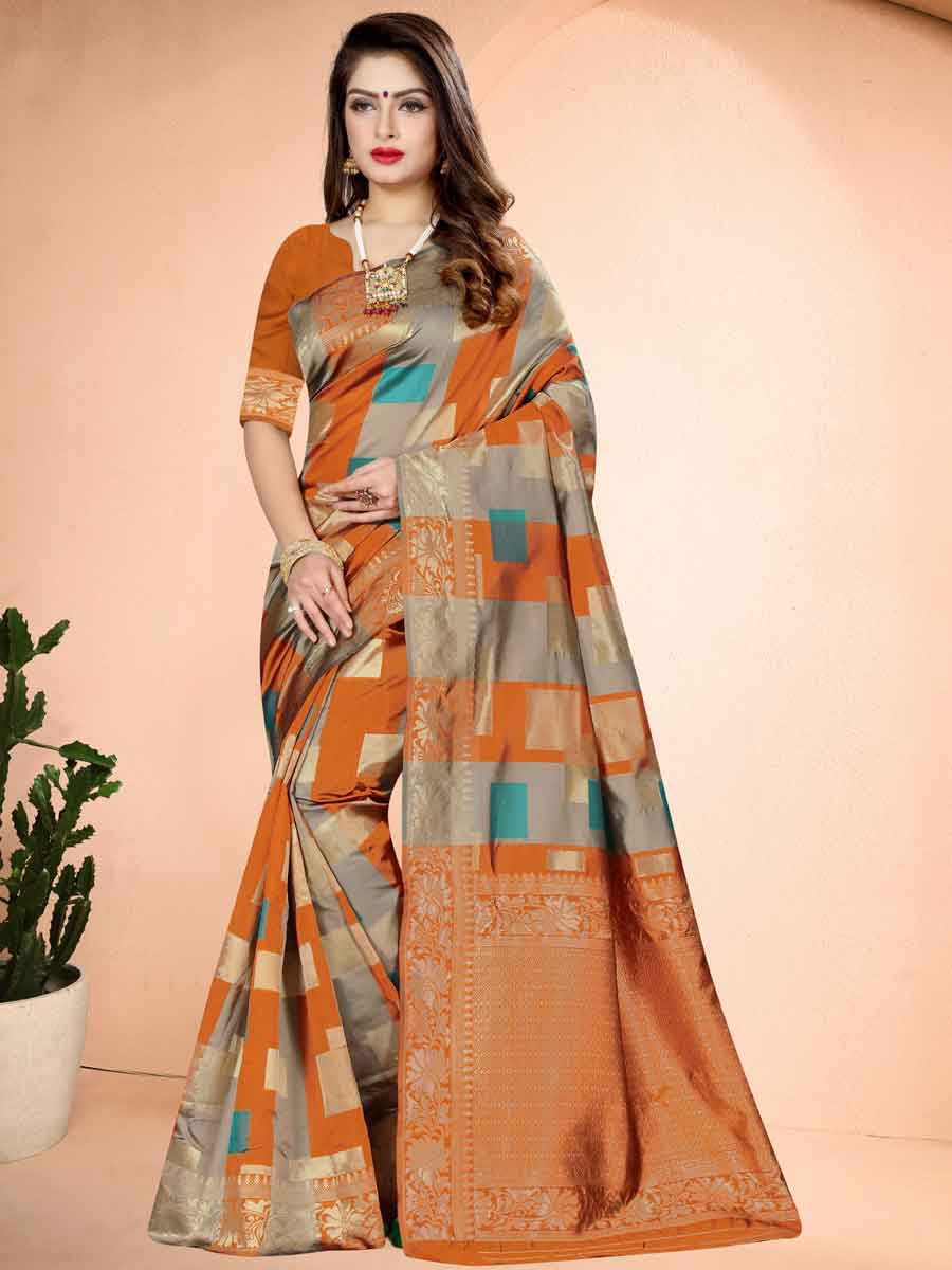 Pumpkin Orange Banarasi Art Silk Handwoven Festival Saree