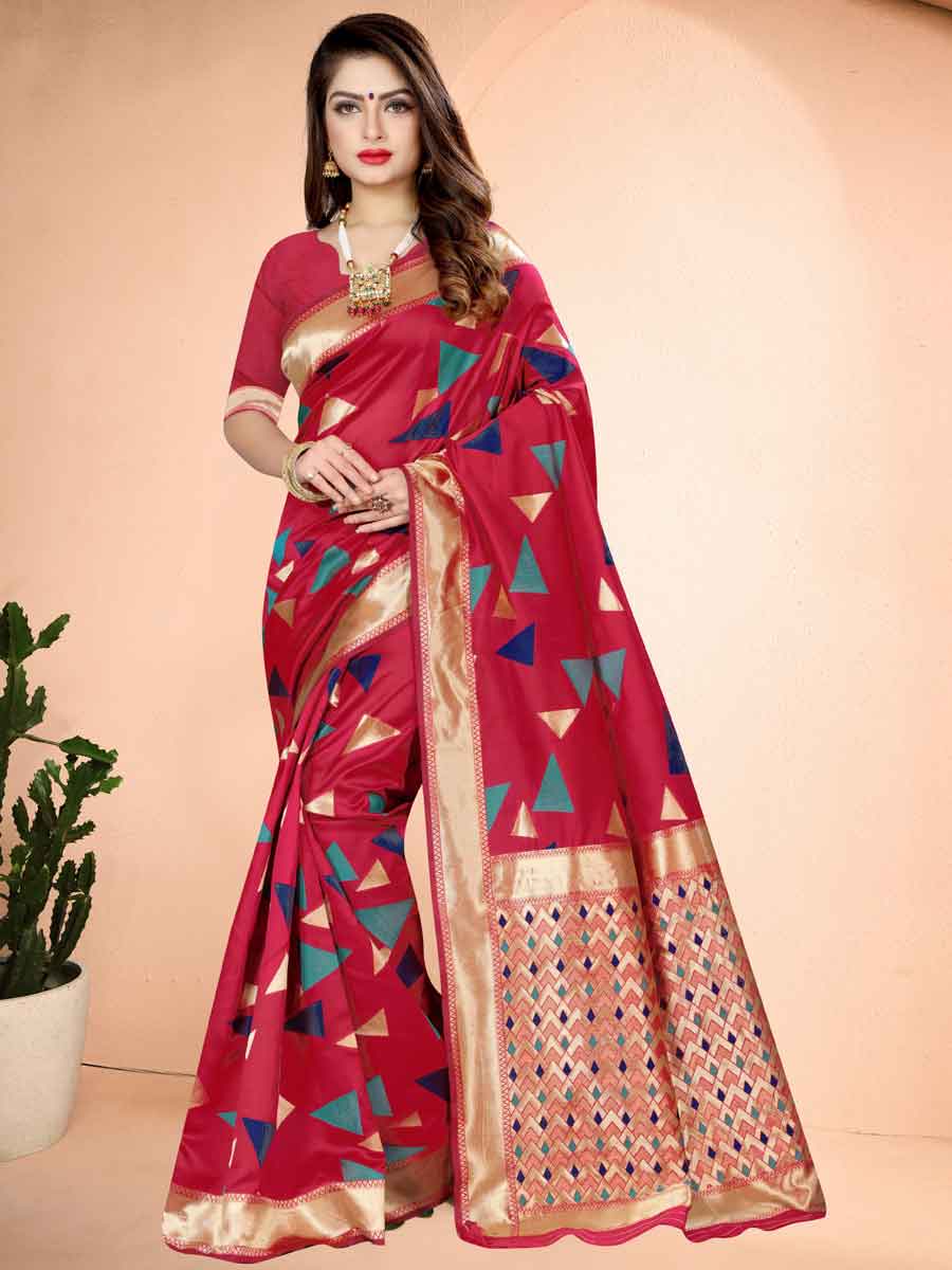 Cerise Pink Banarasi Art Silk Handwoven Festival Saree
