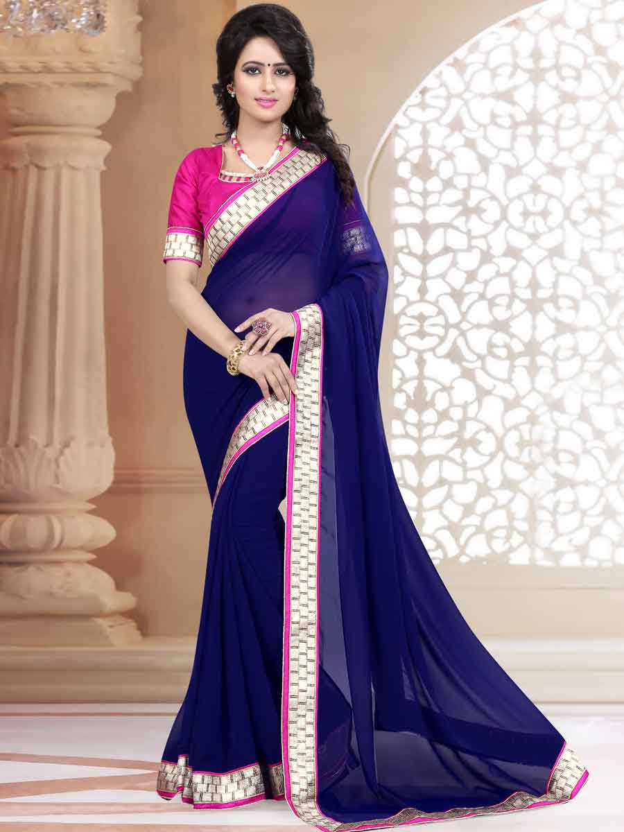Navy Blue Faux Georgette Plain Party Saree