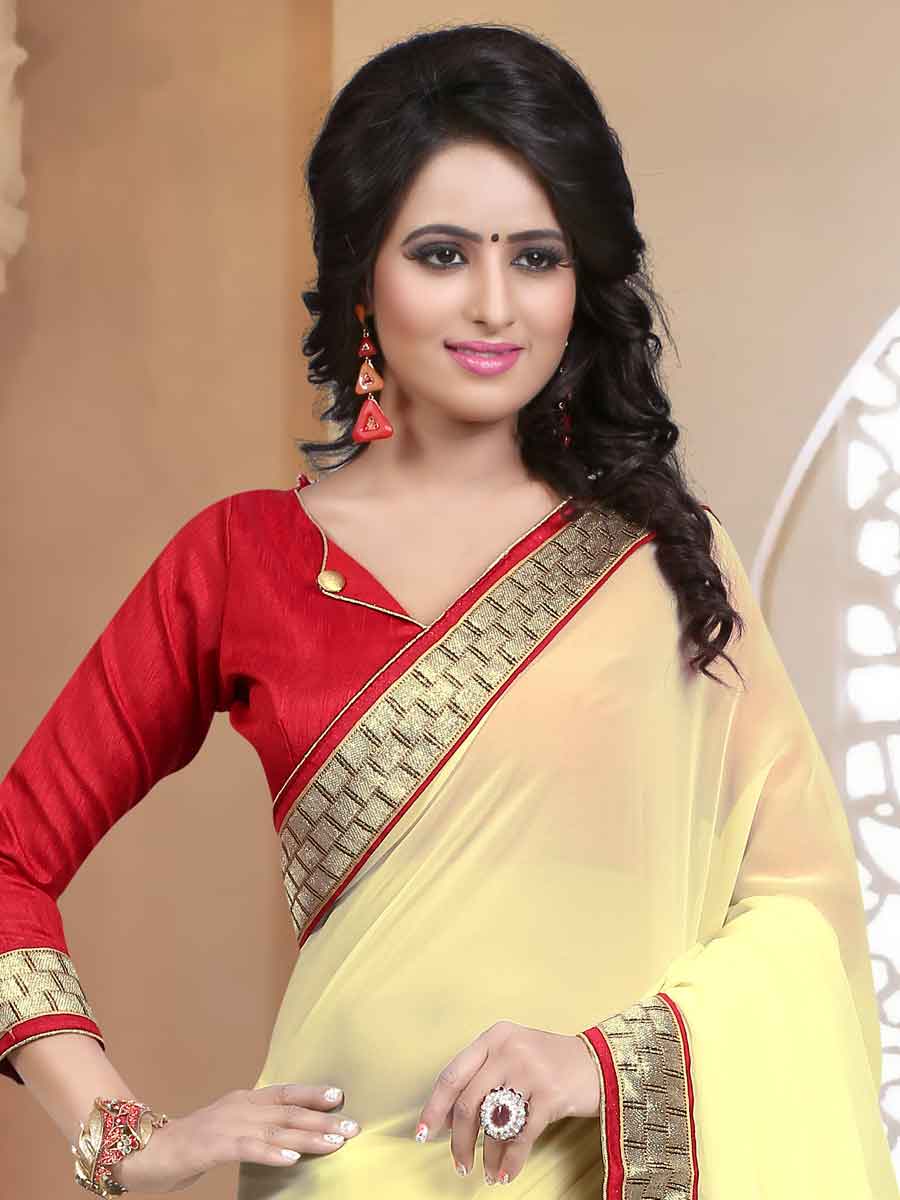 Cream Yellow Faux Georgette Plain Party Saree