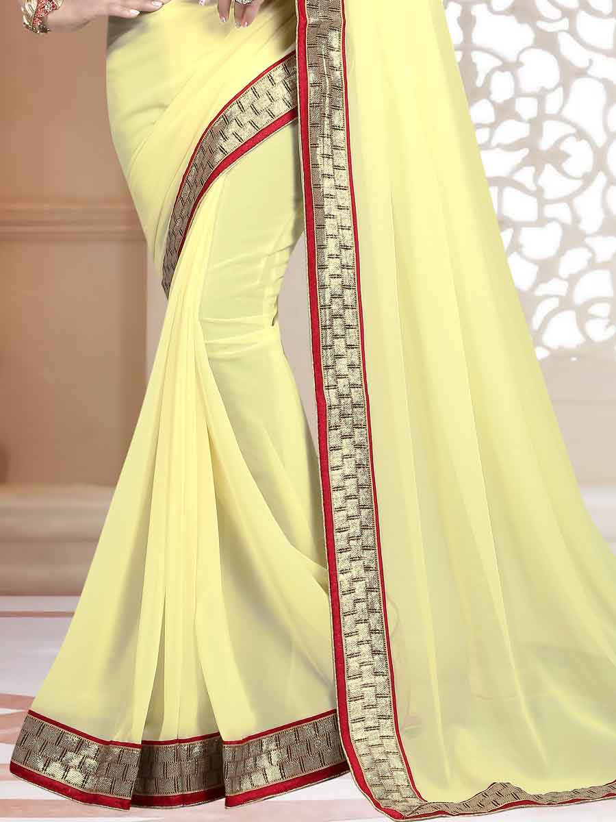 Cream Yellow Faux Georgette Plain Party Saree