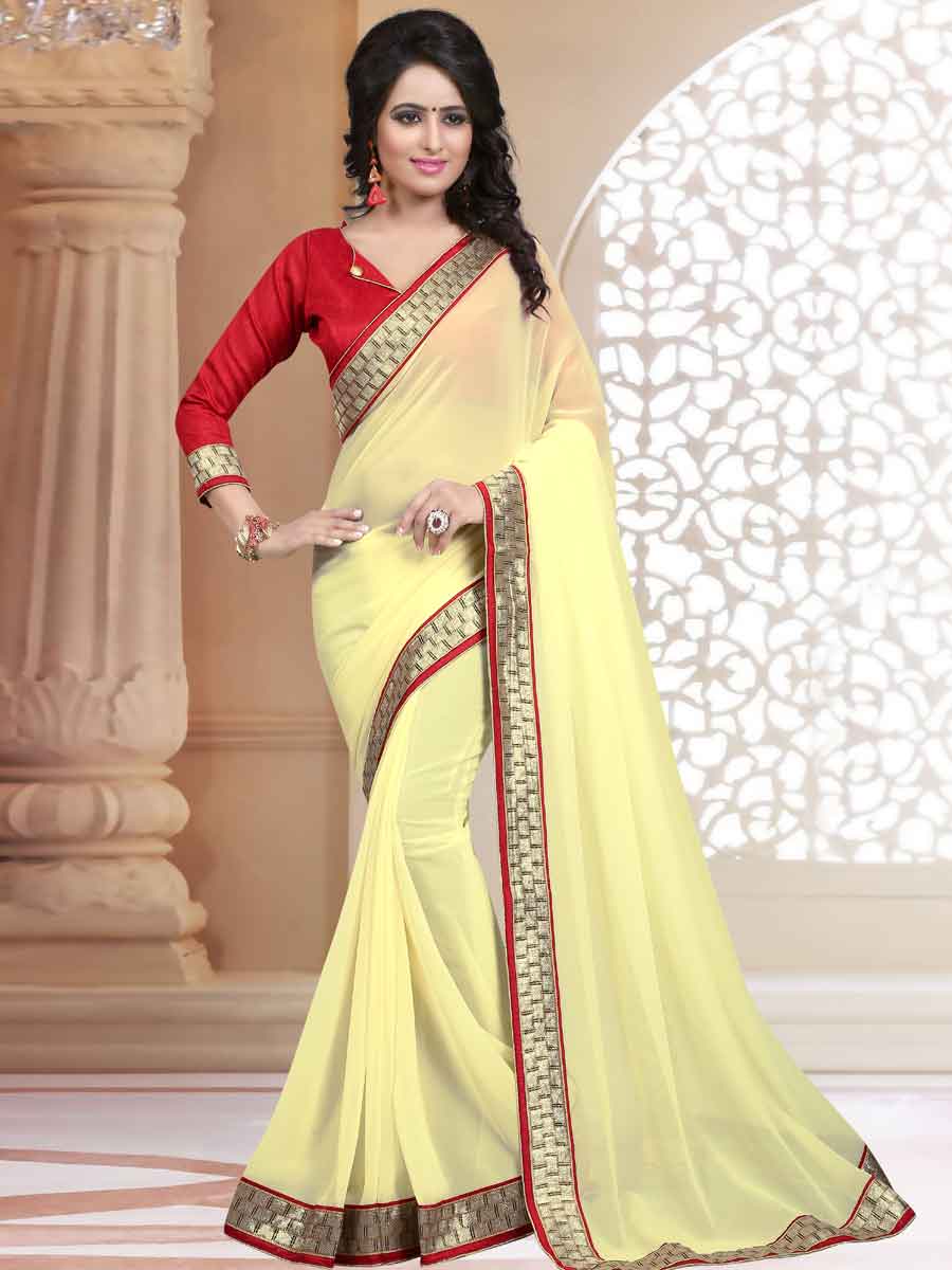 Cream Yellow Faux Georgette Plain Party Saree