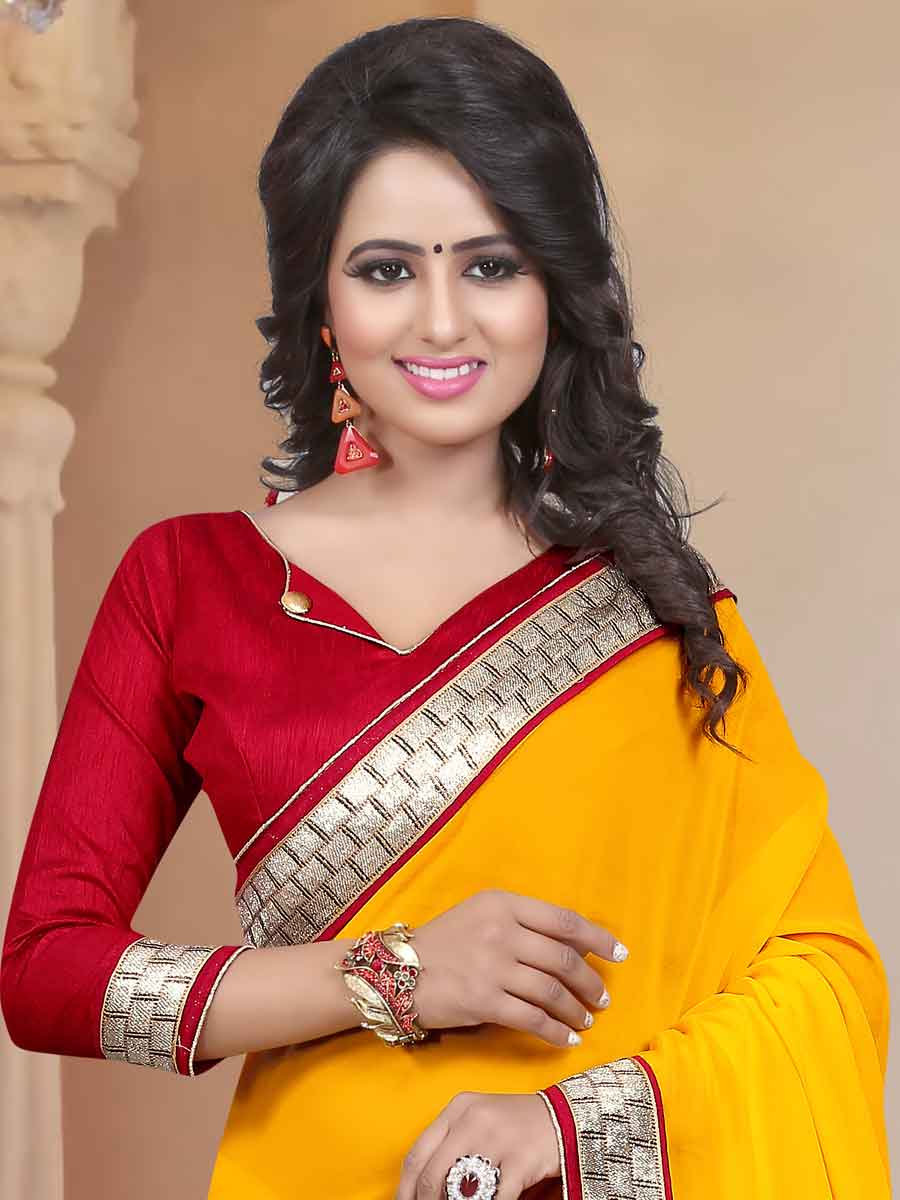 Mustard Yellow Faux Georgette Plain Party Saree