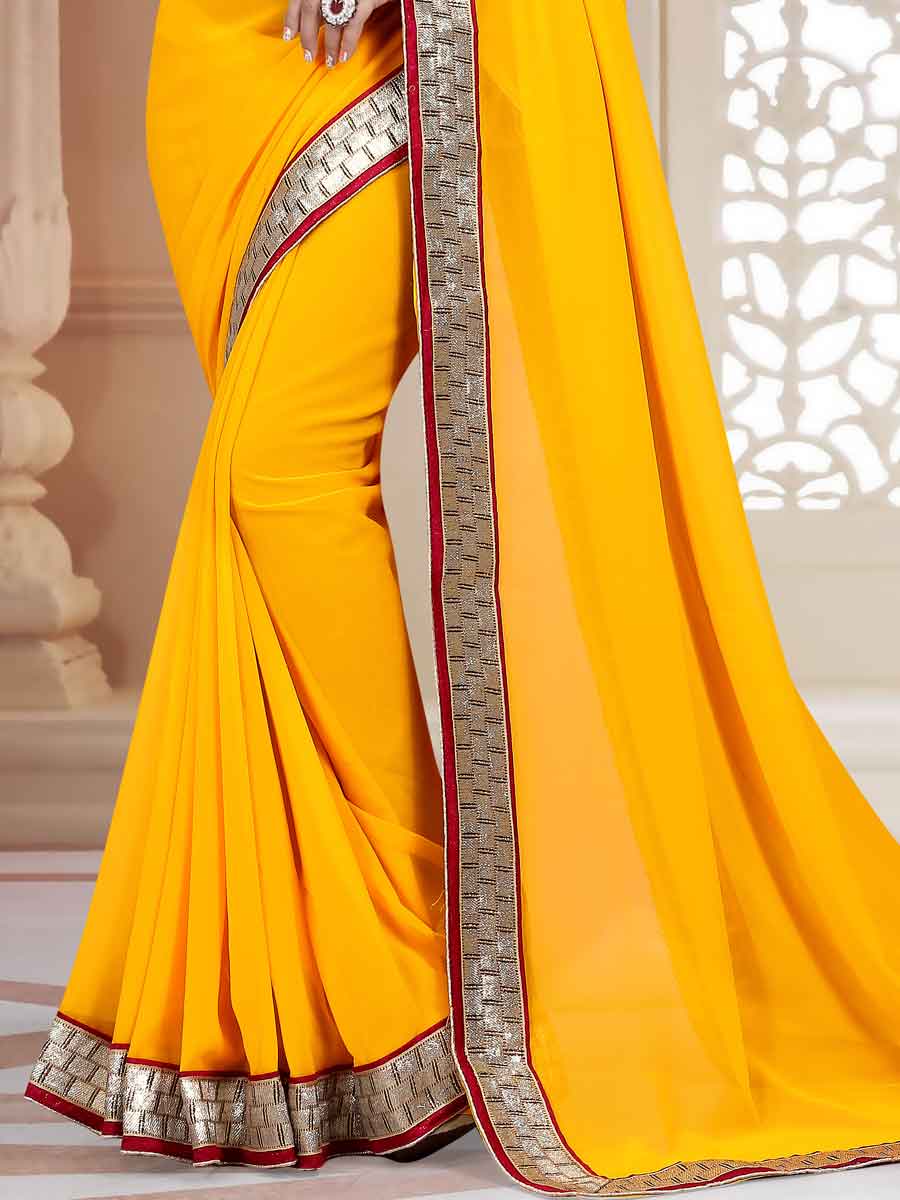 Mustard Yellow Faux Georgette Plain Party Saree