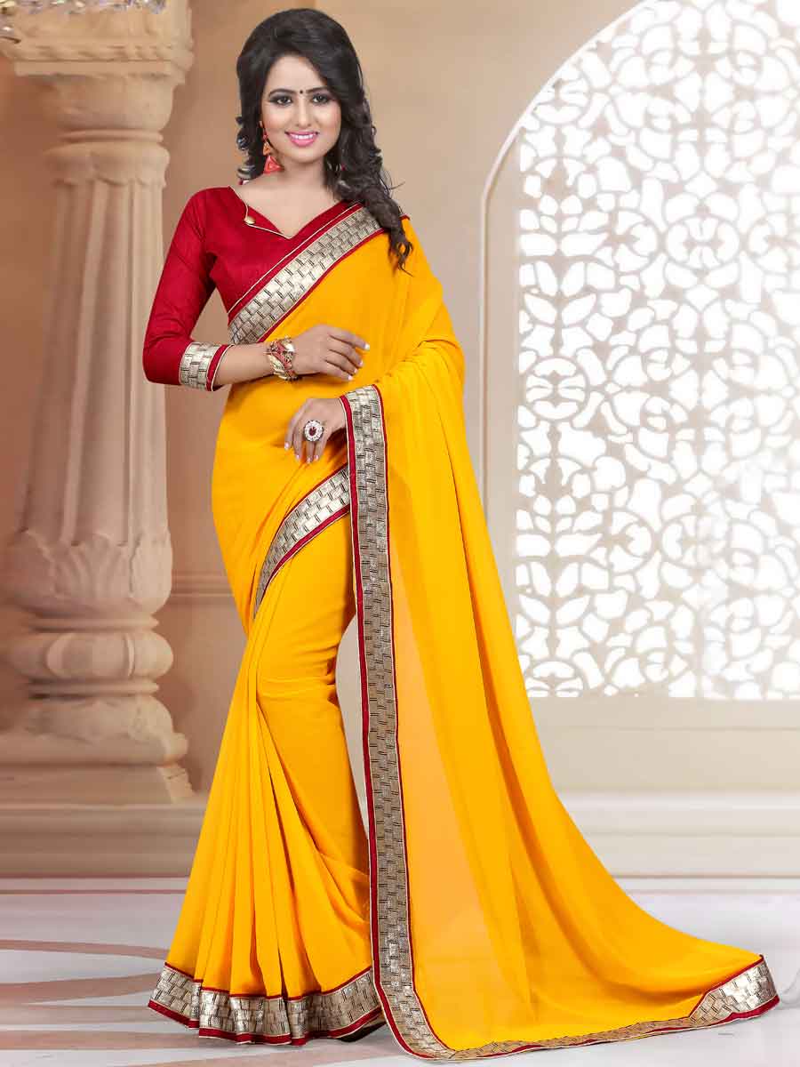 Mustard Yellow Faux Georgette Plain Party Saree