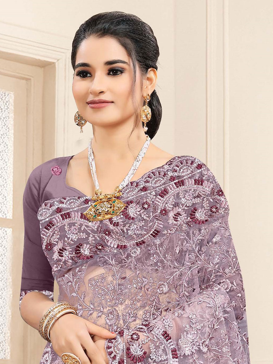 Lavender Violet Net Embroidered Festival Saree