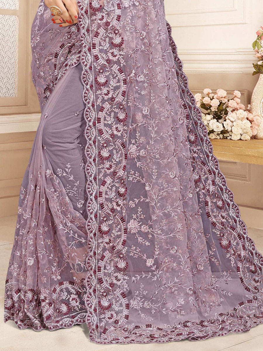 Lavender Violet Net Embroidered Festival Saree