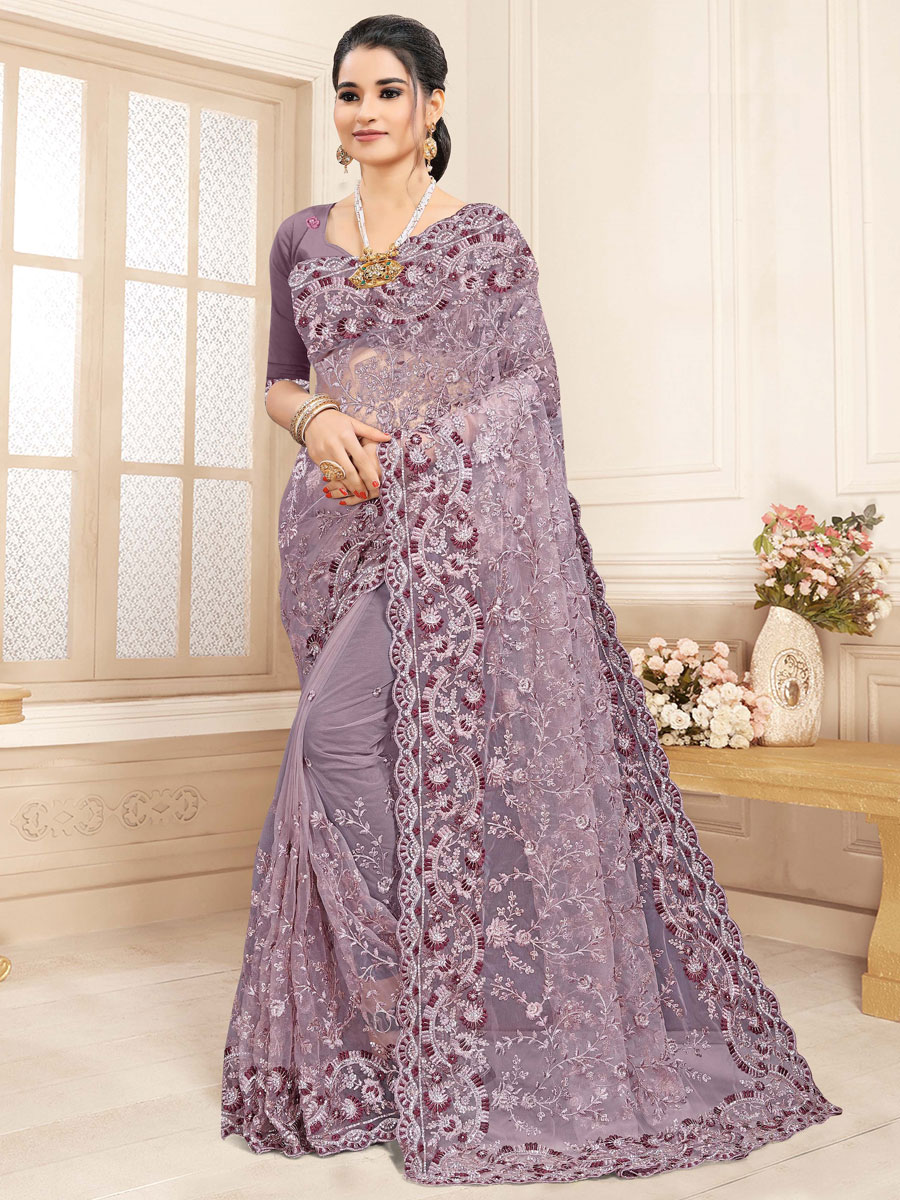 Lavender Violet Net Embroidered Festival Saree