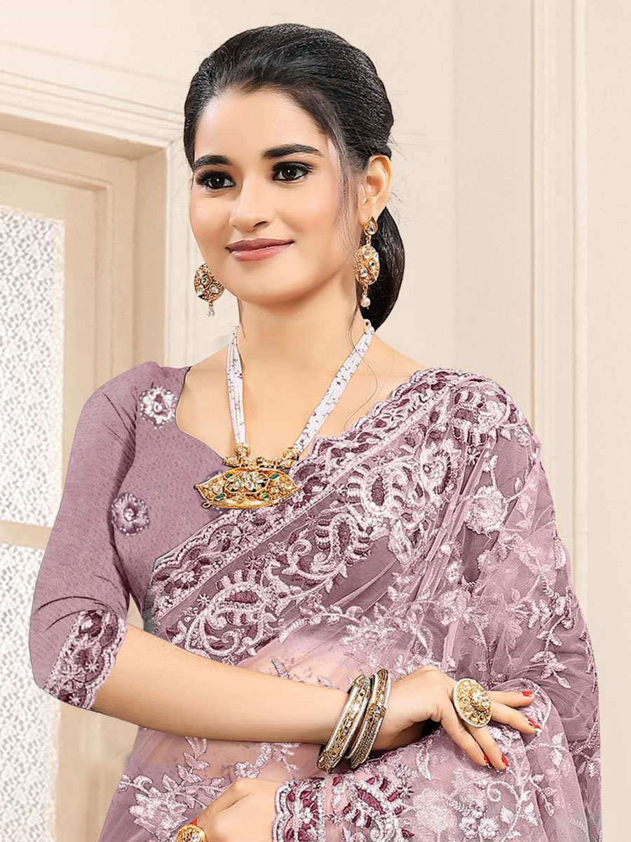Lavender Violet Net Embroidered Festival Saree