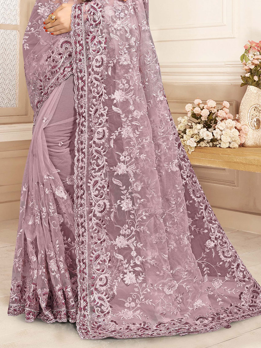 Lavender Violet Net Embroidered Festival Saree