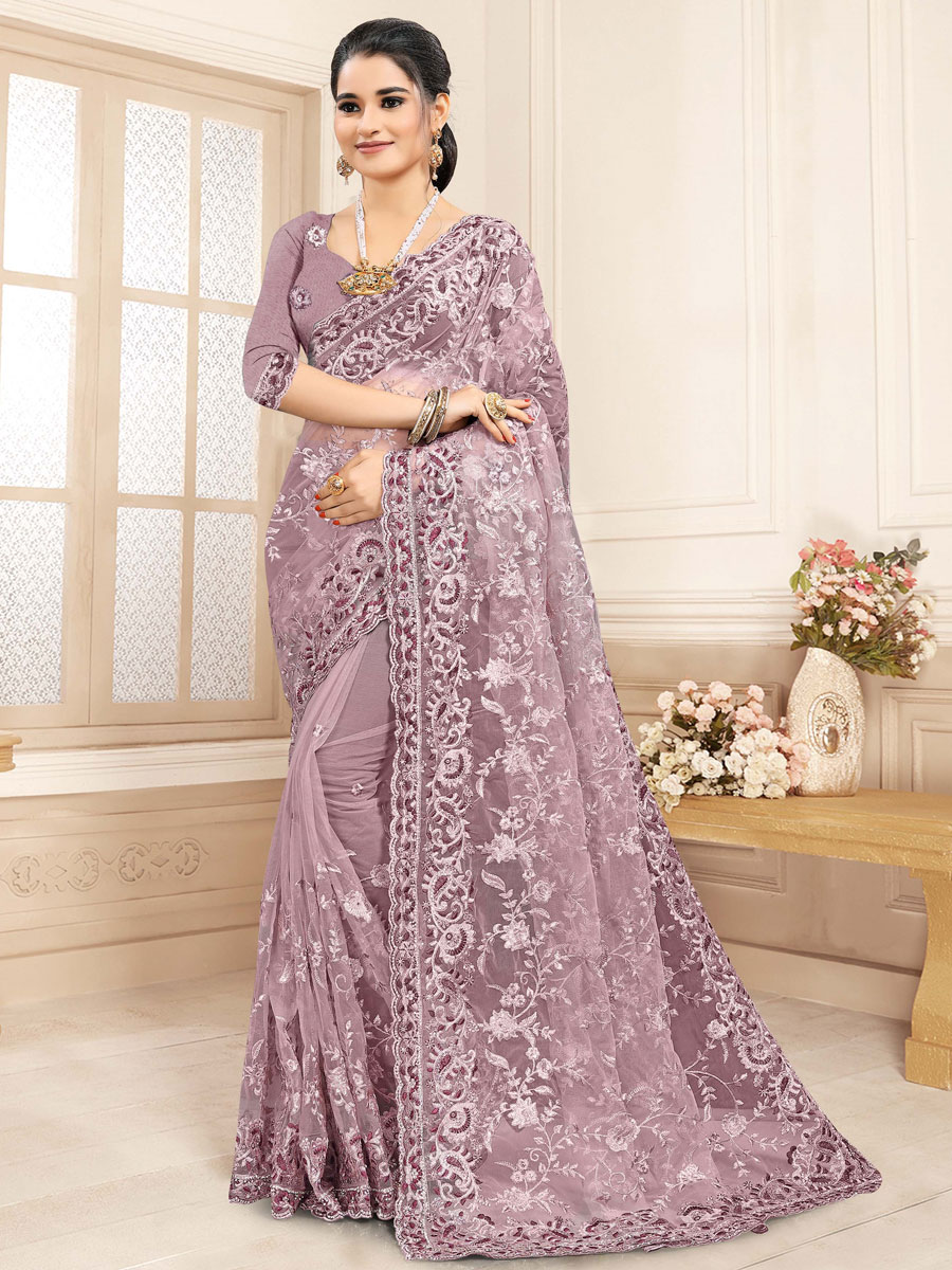 Lavender Violet Net Embroidered Festival Saree
