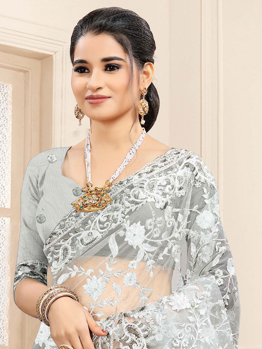 Gray Net Embroidered Festival Saree